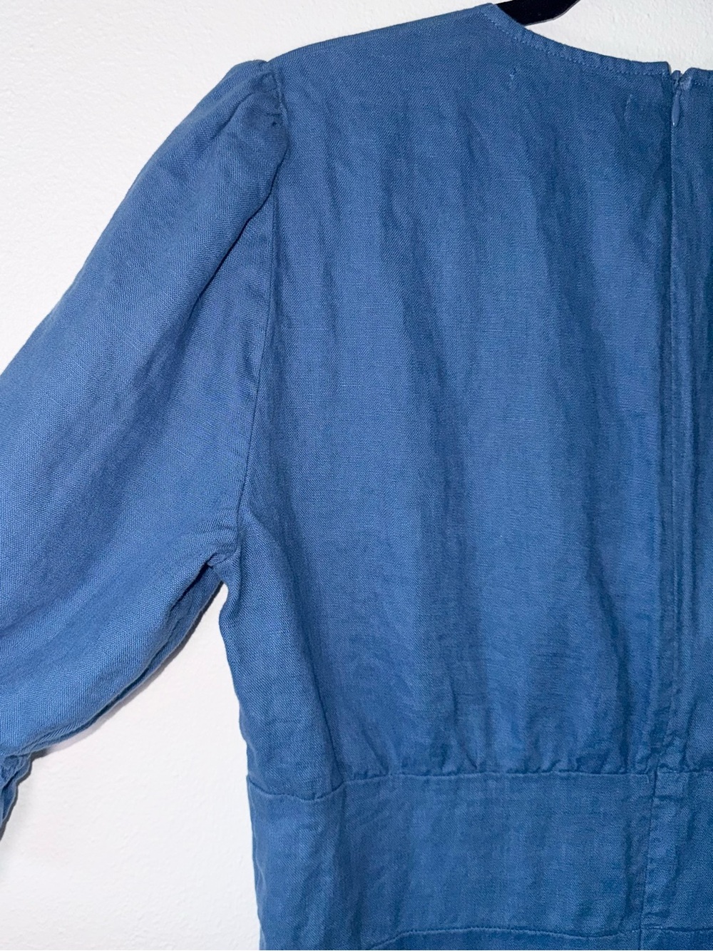 Reformation Simi Linen Mini Dress Blue Puff Sleeve V-Neck Size 12 - Picture 5 of 13